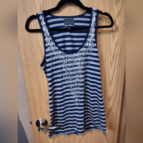 Striped Blue and White Sequin Tank Top - Picture 1 of 7